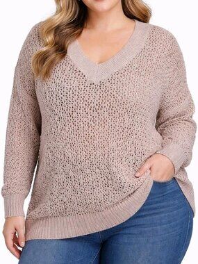 Torrid Sweater Size 1 1X Open Stitch Knit V Neck Pullover Long Sleeves Beige